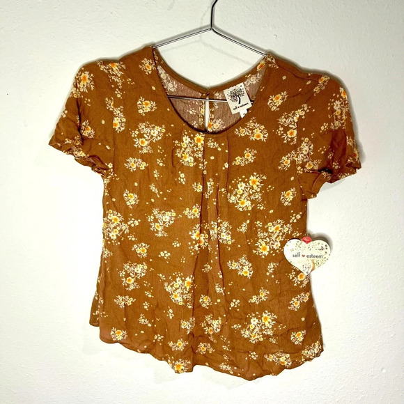 🆕 Self Esteem Brown Floral Short Sleeve Top - Picture 1 of 8